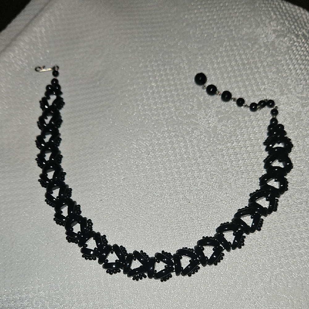 Vintage MCM Black Glass Beaded Chocker Necklace 14.5" L